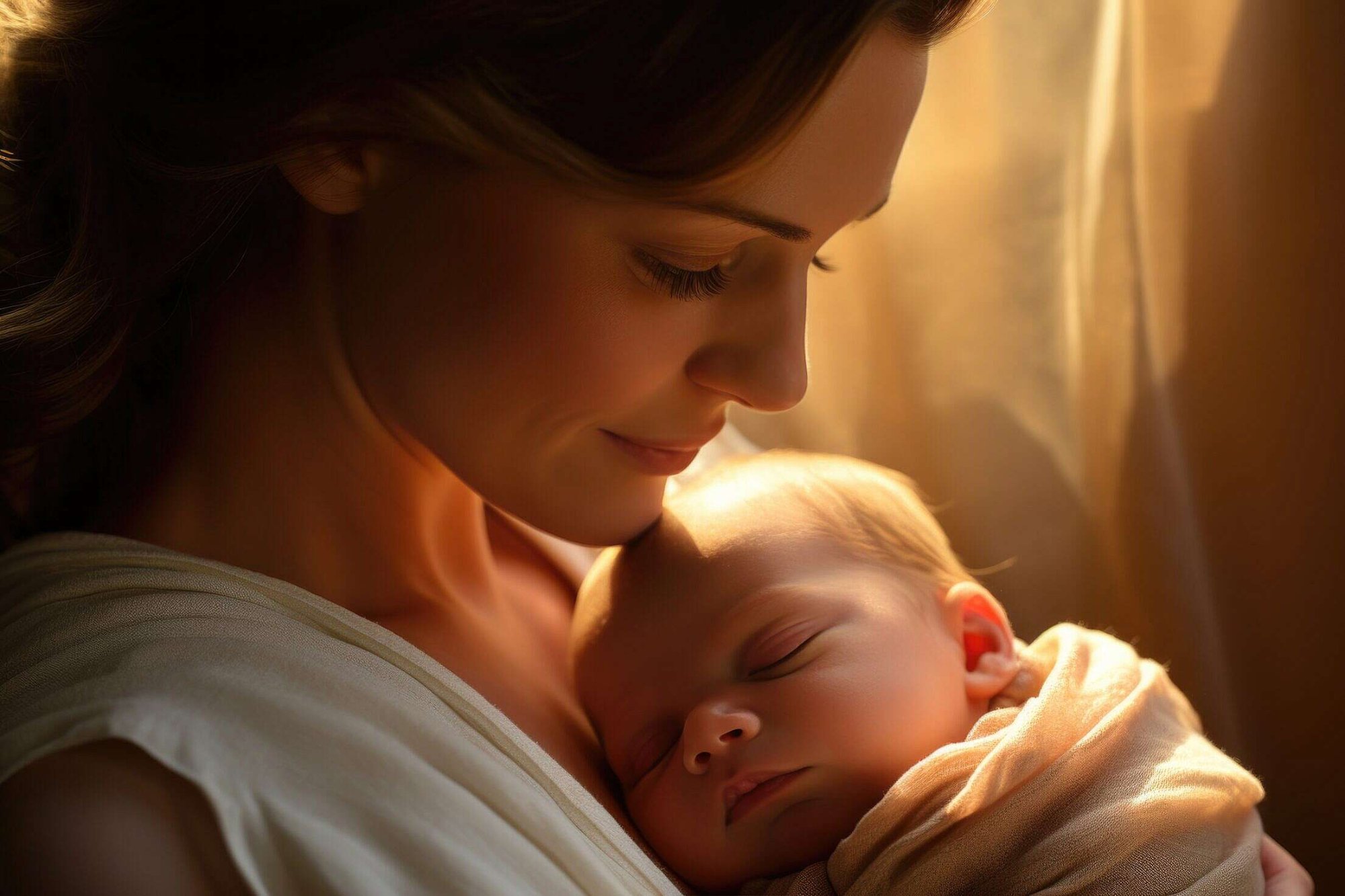 Mother tenderly holding her sleeping newborn in warm golden light